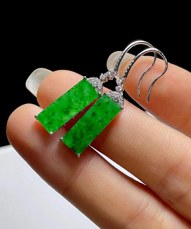 Art Green Sterling Silver Inlaid Zircon Rectangular Jade Drop Earrings AC1036