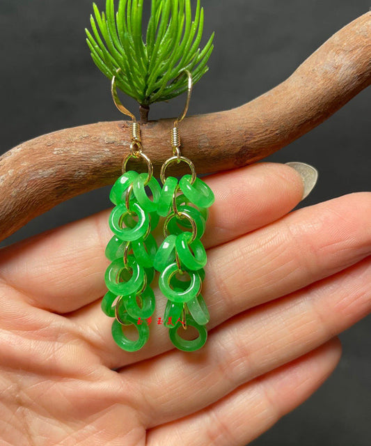 Art Green Sterling Silver Overgild Jade Tassel Drop Earrings GH1061