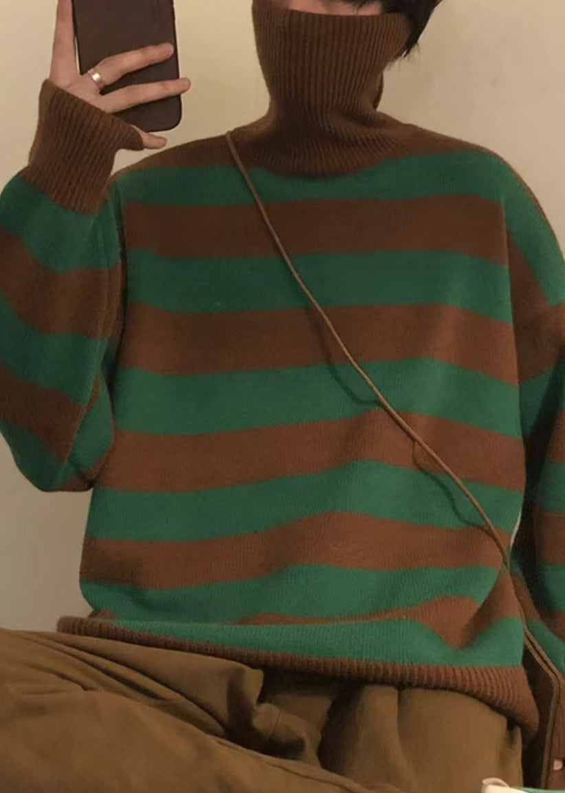 Art Green Striped Turtleneck Knit Men Sweaters Winter RJ051