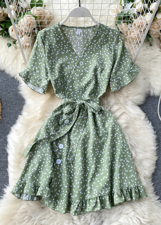 Robe mi-longue en coton vert à imprimé col en V et taille nouée pour l'été TR038