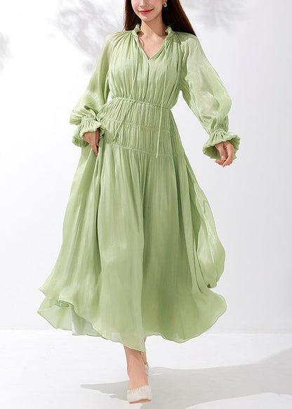 Art Green V Neck Wrinkled Lace Up Silk Maxi Dresses Butterfly Sleeve AM1026