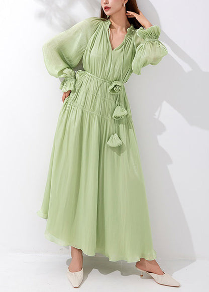 Art Green V Neck Wrinkled Lace Up Silk Maxi Dresses Butterfly Sleeve AM1026