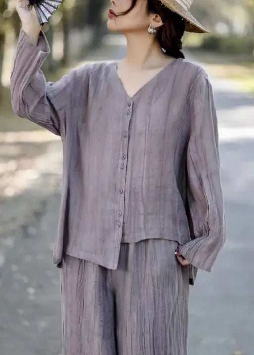 Art Grey Asymmetrical Wrinkled Linen Two Pieces Set Spring Ada Fashion