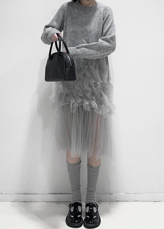 Art Grey Ruffled Solid Tulle Patchwork Knit Dress Fall AL1057