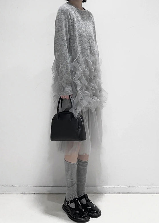 Art Grey Ruffled Solid Tulle Patchwork Knit Dress Fall AL1057