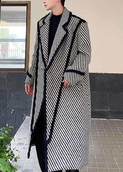 Art Grey Striped Button Woolen Mens Long Coats Winter RO047