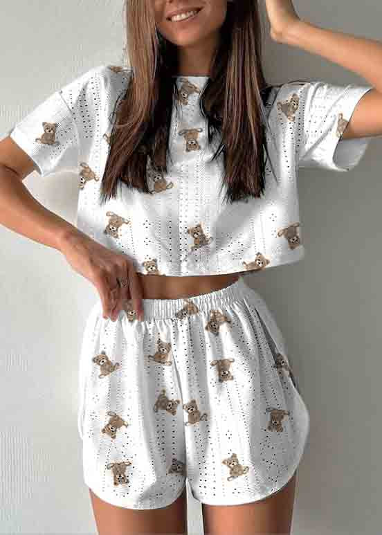 Womens Art Set Print Cotton Hollow Summer Two Pajamas Piece Out