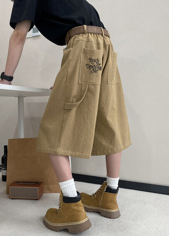 Art Mens Pockets Crop Summer High Pants Waist Khaki Letter