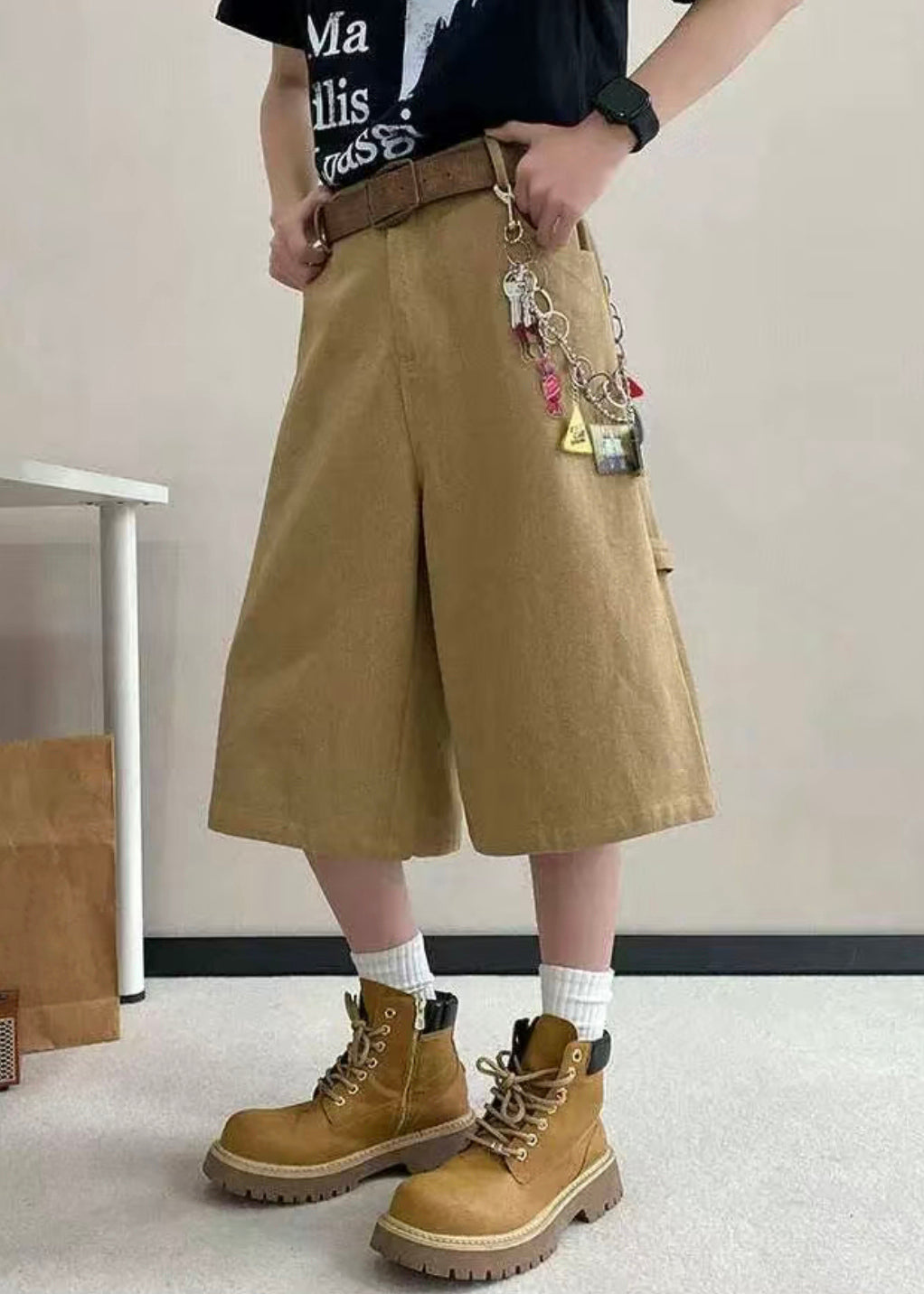 Art Mens Pockets Crop Summer High Pants Waist Khaki Letter