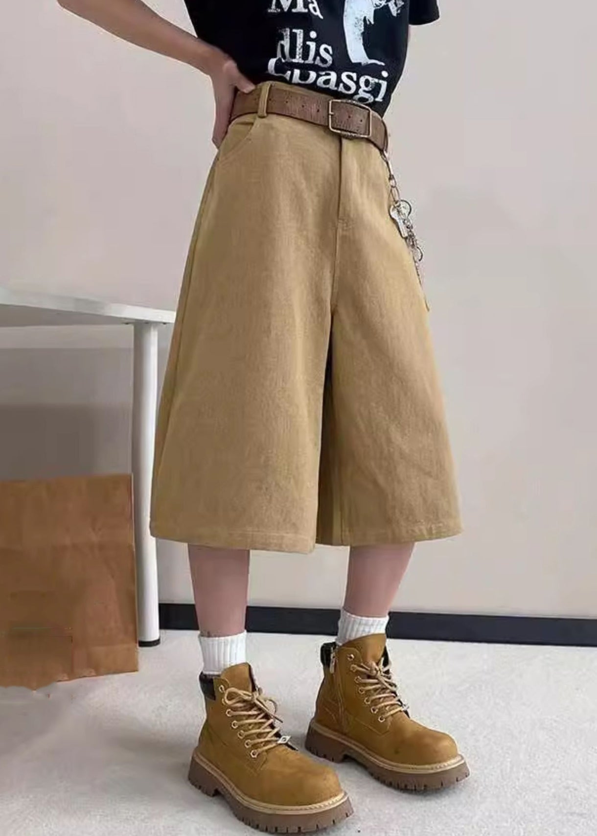 Art Mens Pockets Crop Summer High Pants Waist Khaki Letter