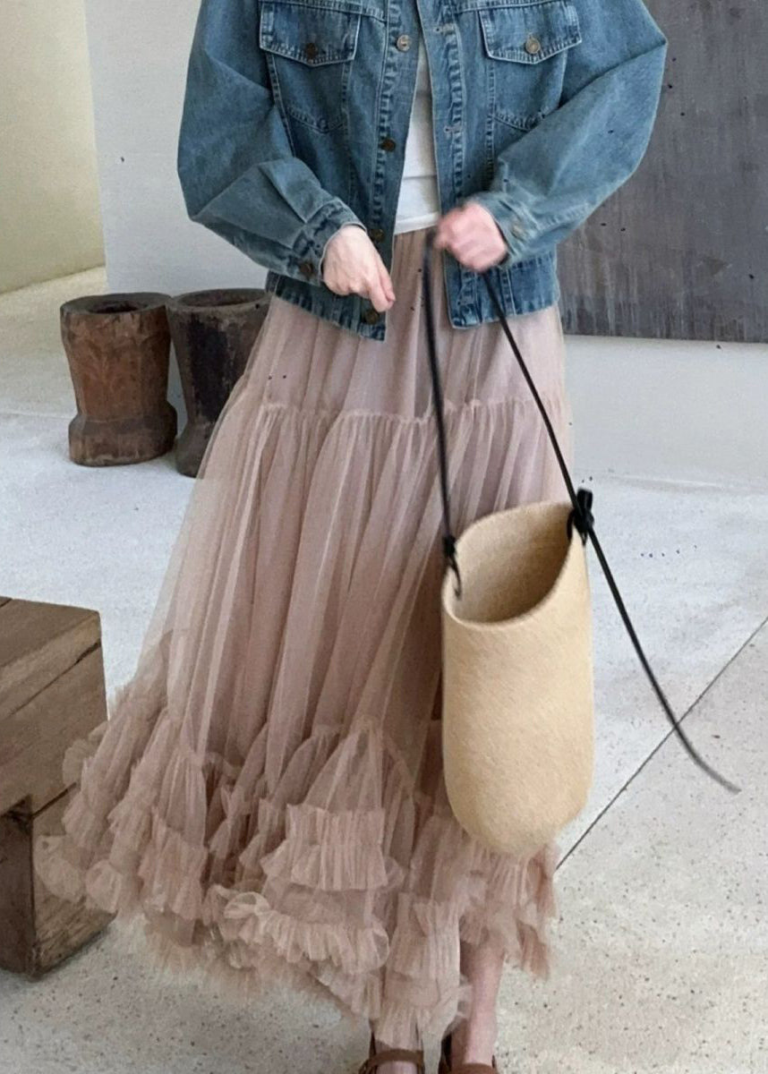 Ruffled Khaki Summer Elastic Skirt Art Tulle Waist
