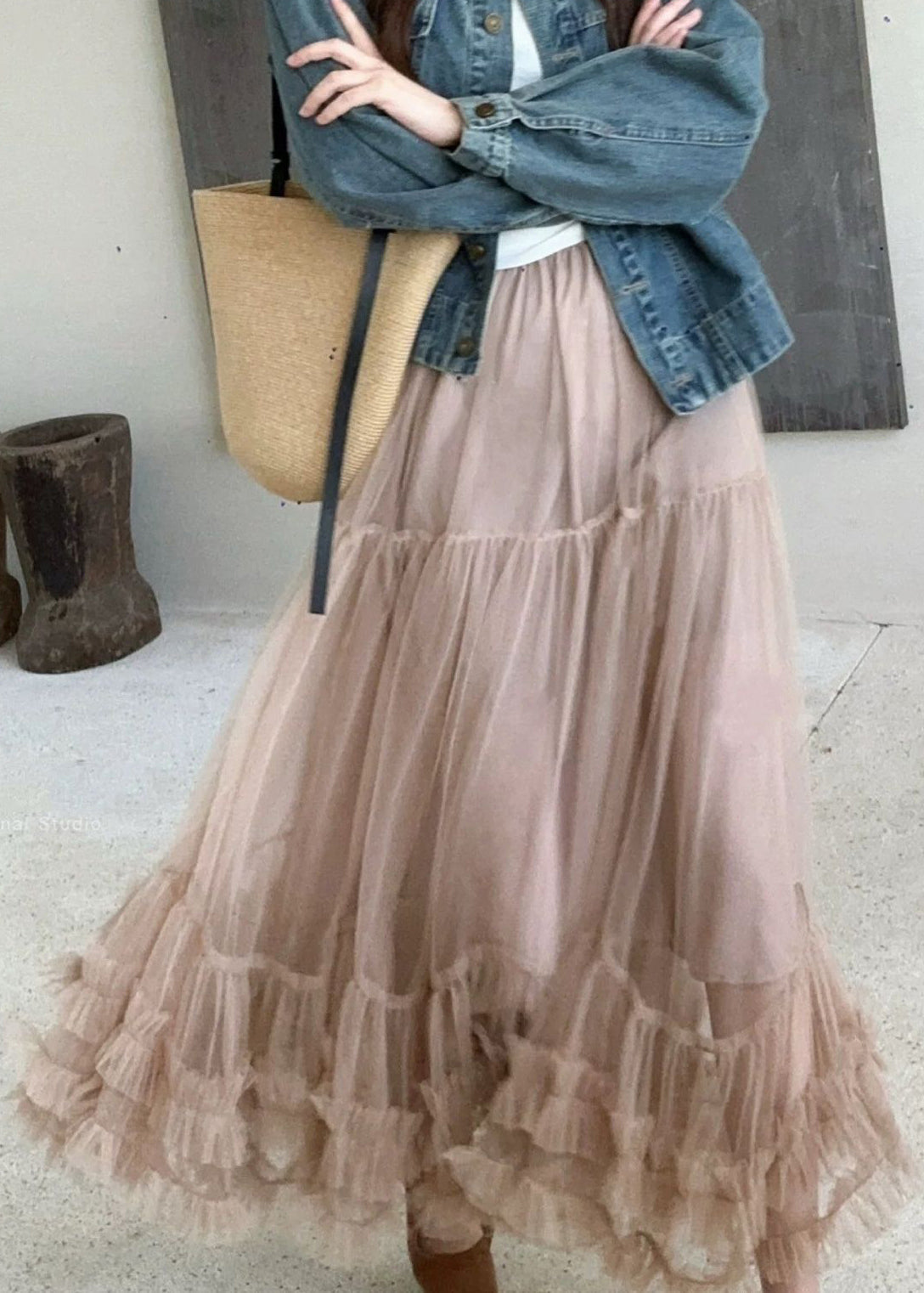 Ruffled Khaki Summer Elastic Skirt Art Tulle Waist