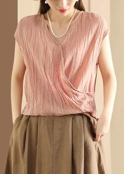 Wrinkled Neck Art Sleeveless V Khaki T Shirt Cotton
