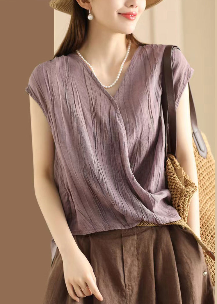 Wrinkled Neck Art Sleeveless V Khaki T Shirt Cotton