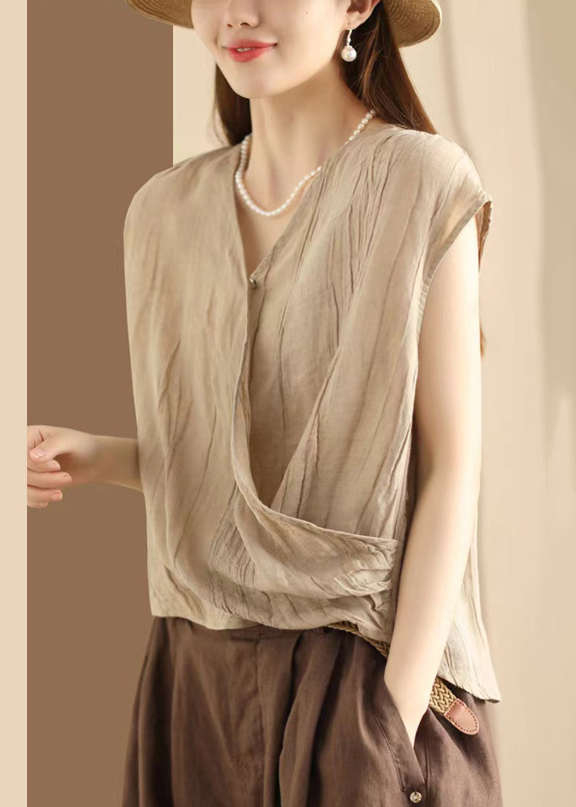 Wrinkled Neck Art Sleeveless V Khaki T Shirt Cotton