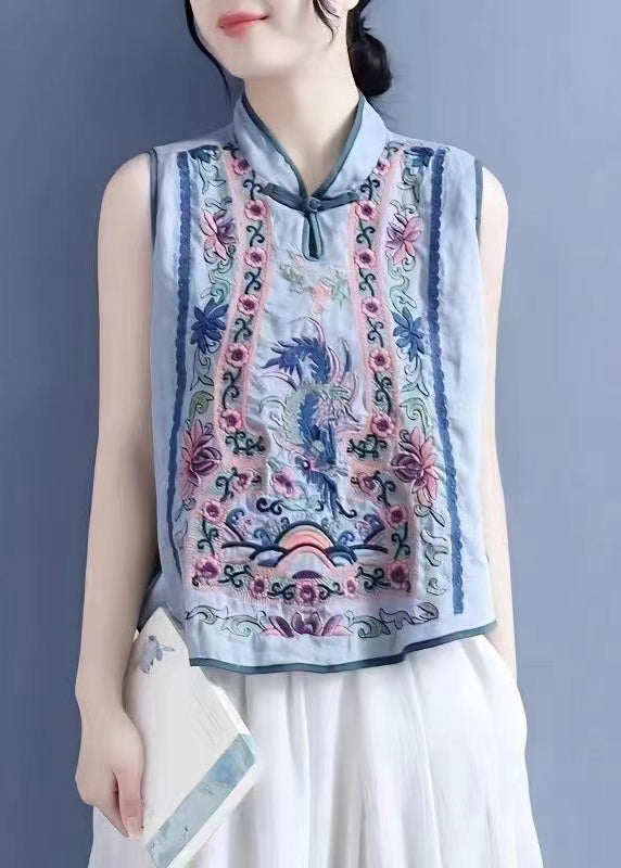 Gilet brodé à fleurs bleu clair à col montant Art Summer VB1073