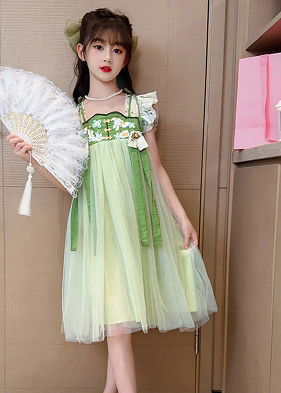 Robe longue en tulle brodée à pompons vert clair pour enfants, manches courtes, GF005