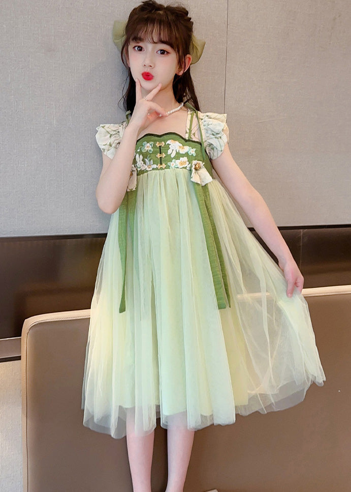 Robe longue en tulle brodée à pompons vert clair pour enfants, manches courtes, GF005