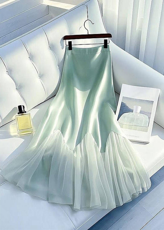 Jupe d'été verte en tulle et soie, taille haute, patchwork léger, maxi