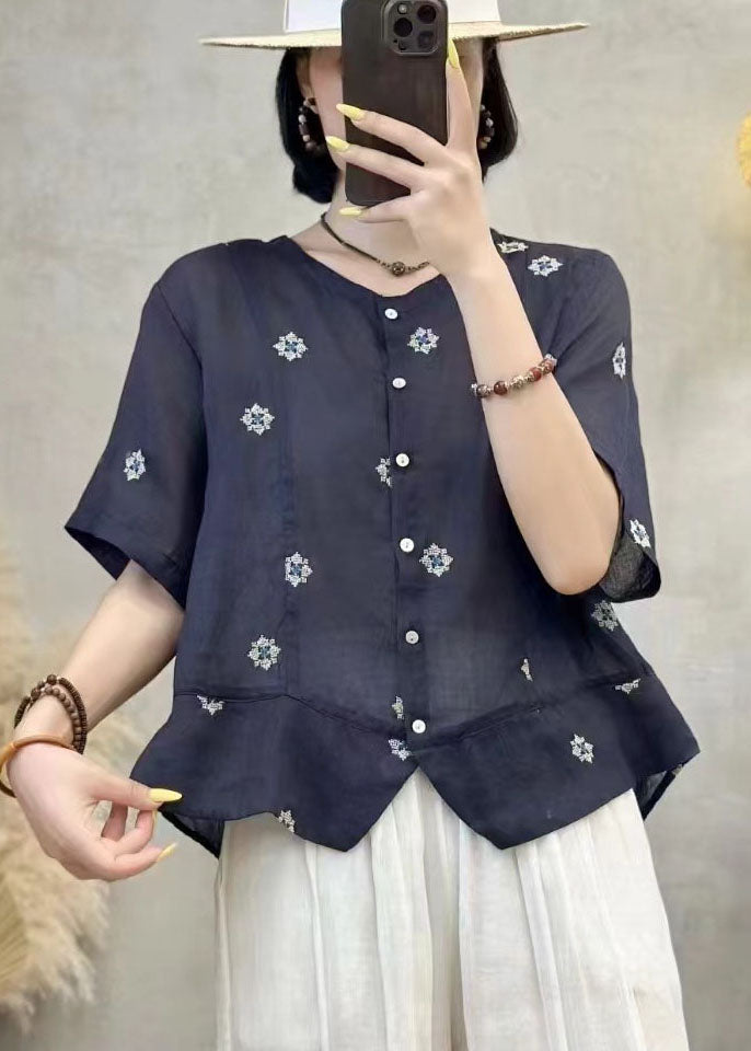 Embroidered Patchwork Summer Shirt Top Navy Linen Art