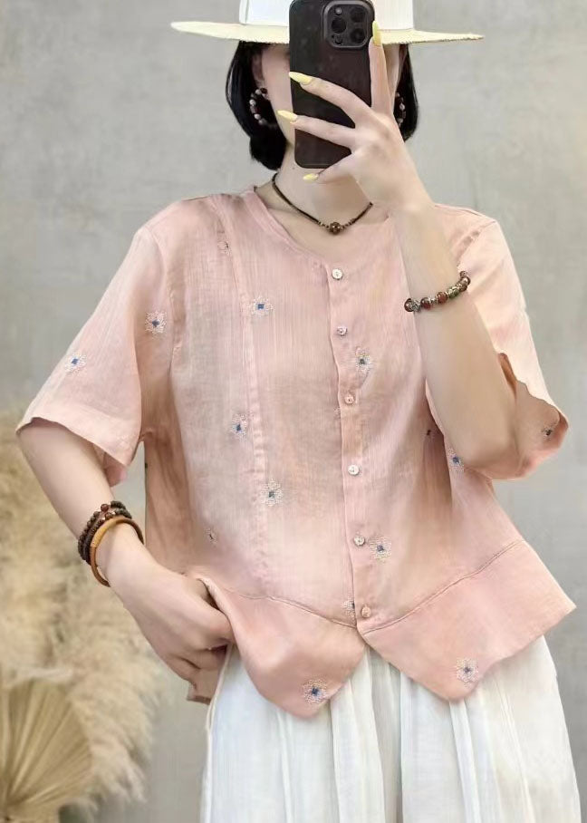 Embroidered Patchwork Summer Shirt Top Navy Linen Art