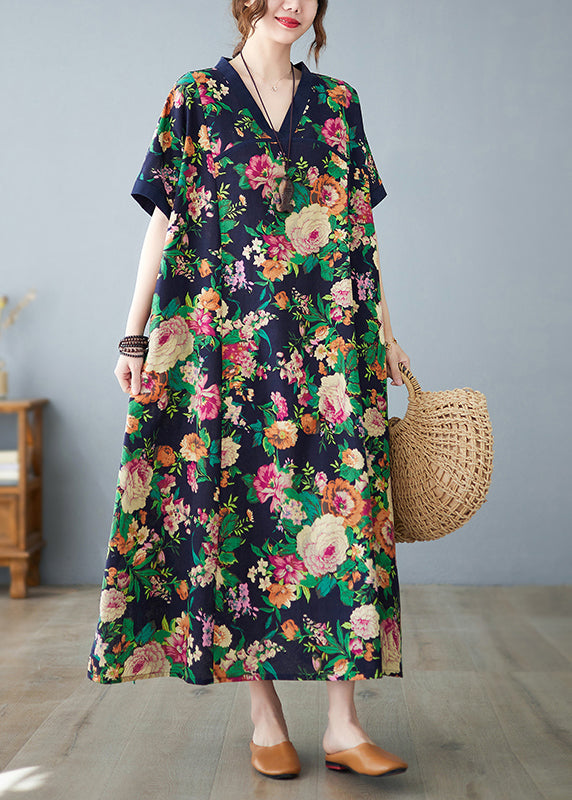 Robe d'été surdimensionnée en coton bleu marine à imprimé artistique