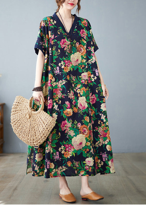 Robe d'été surdimensionnée en coton bleu marine à imprimé artistique