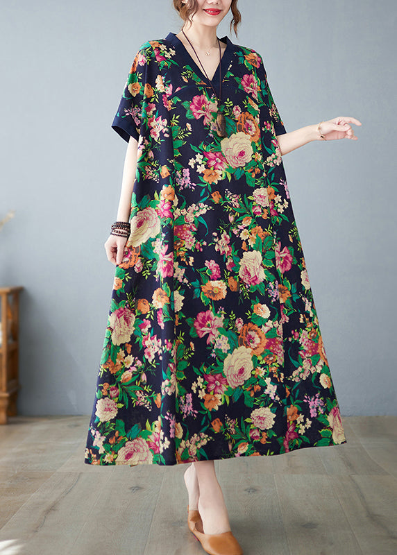 Robe d'été surdimensionnée en coton bleu marine à imprimé artistique