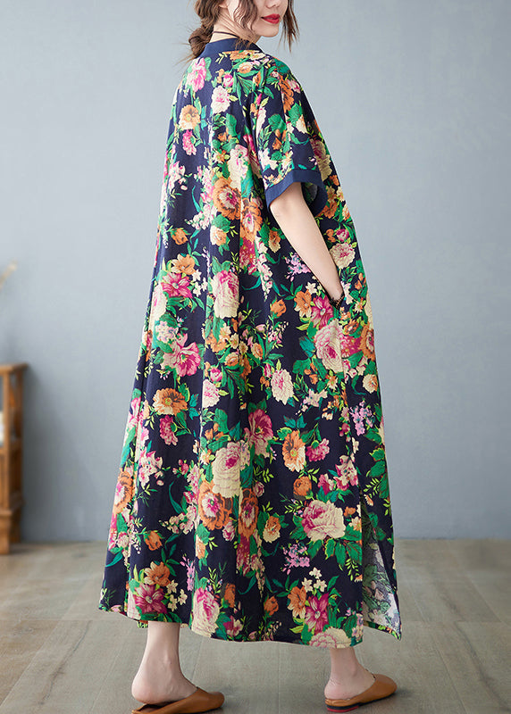 Robe d'été surdimensionnée en coton bleu marine à imprimé artistique