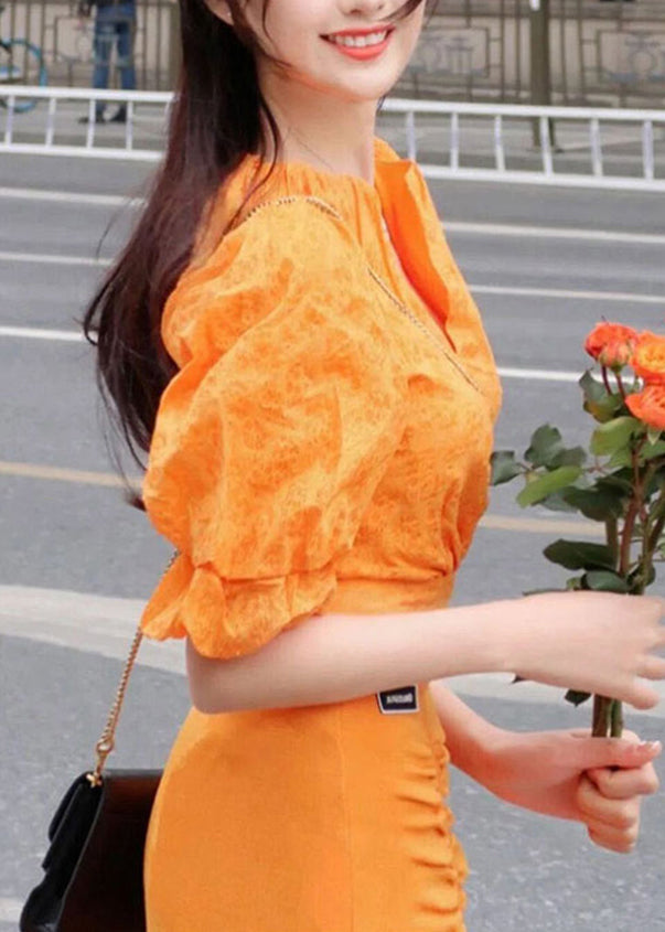 Art Orange V Neck Print Top And Skirts Two Pieces Set Lantern Sleeve UU1058