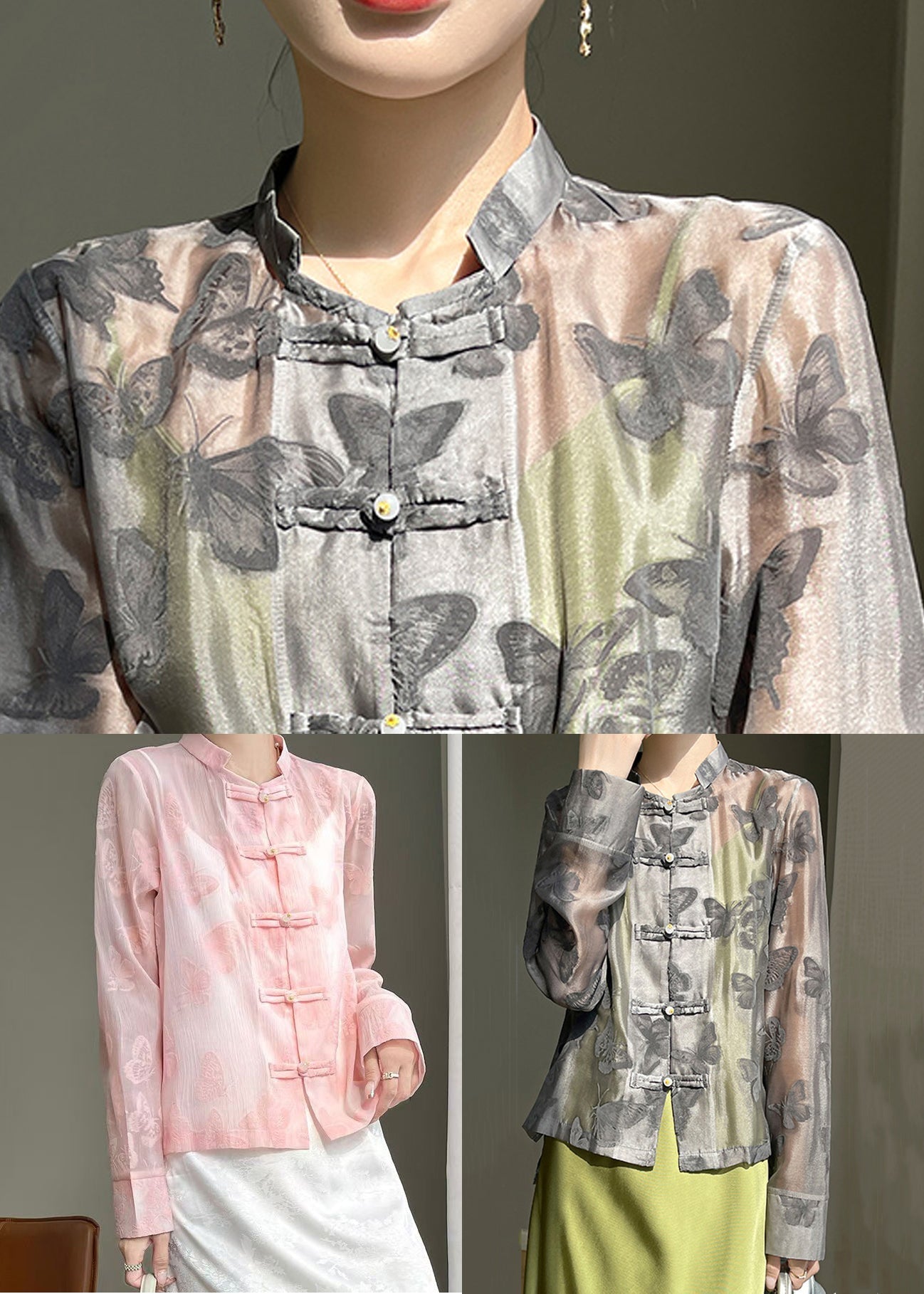 Art Pink Butterfly Button Silk Blouse Fall AB1053