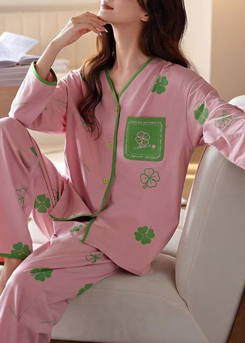 Button Piece Tops Cotton Print Set Pink Art Pants Two Pajamas And