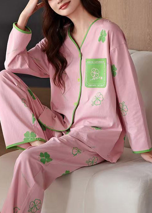 Button Piece Tops Cotton Print Set Pink Art Pants Two Pajamas And