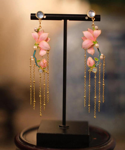 Art Pink Copper Overgild Enamel Jade Orchid Tassel Drop Earrings WQ009