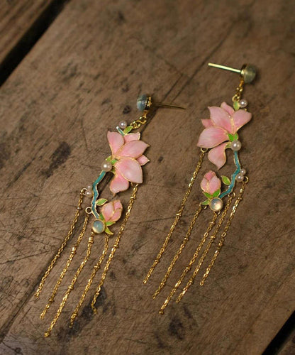 Art Pink Copper Overgild Enamel Jade Orchid Tassel Drop Earrings WQ009