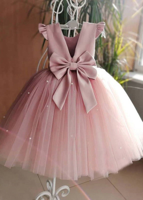 Art Pink Cute Pink Tulle Patchwork Pearl Girls Long Dresses Summer YS033