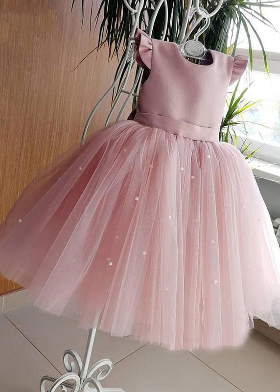 Art Pink Cute Pink Tulle Patchwork Pearl Girls Long Dresses Summer YS033
