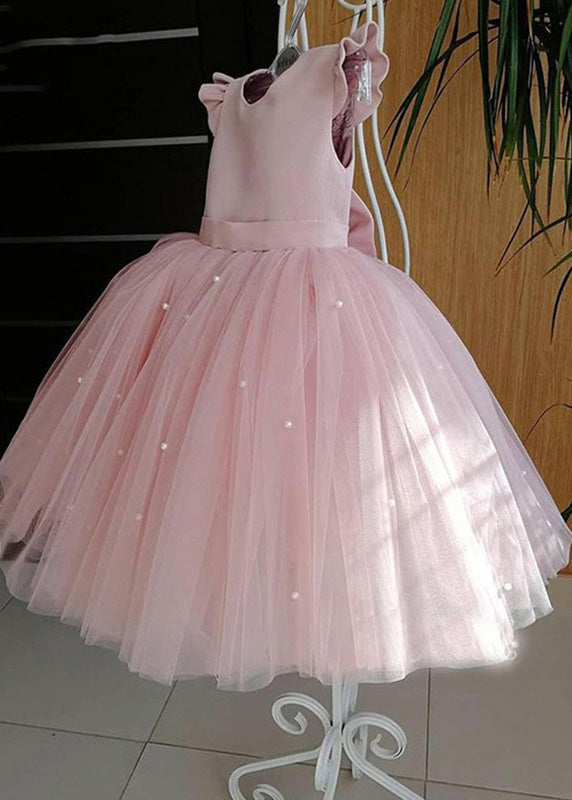 Art Pink Cute Pink Tulle Patchwork Pearl Girls Long Dresses Summer YS033
