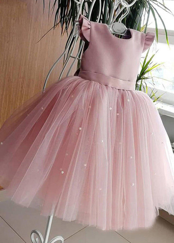 Art Pink Cute Pink Tulle Patchwork Pearl Girls Long Dresses Summer YS033