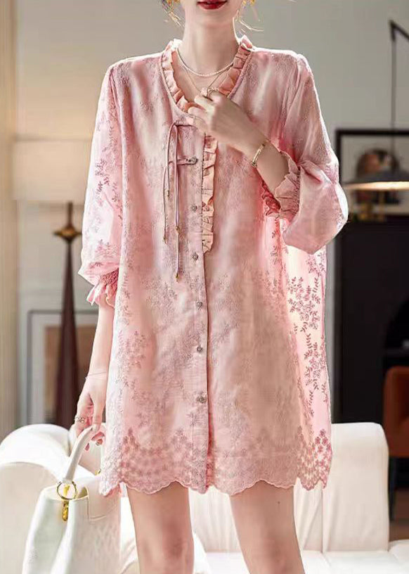 Robe chemise à volants brodée rose Art Automne AC1005