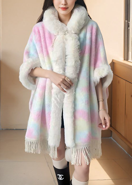 Art Pink Fur Collar Tasseled Warm Fleece Cape Coat Winter RC002