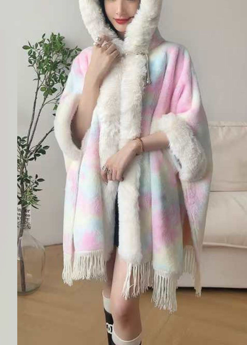 Art Pink Fur Collar Tasseled Warm Fleece Cape Coat Winter RC002