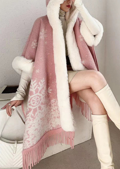 Art Pink Hooded Fur Collar Warm Fleece Cape Coats Batwing Sleeve RC020