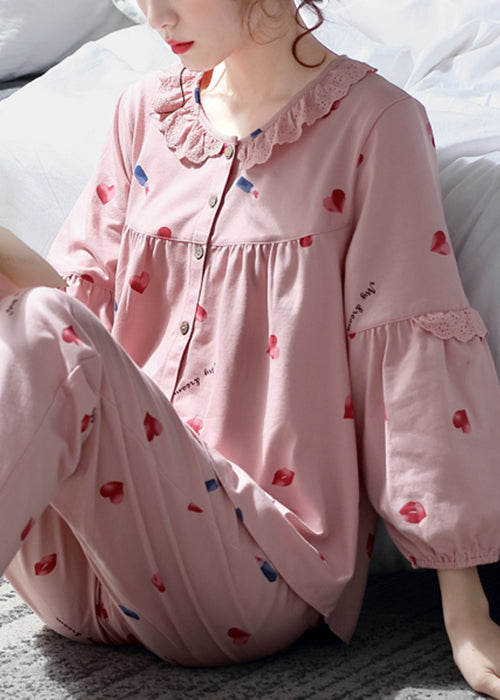 Pieces Fall Two Set Pajamas Lace Button Print Pink Art Cotton