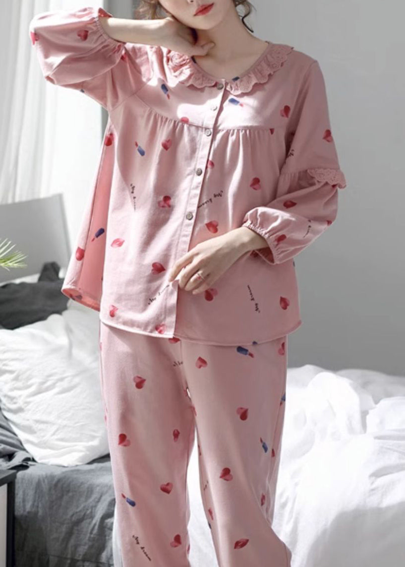 Pieces Fall Two Set Pajamas Lace Button Print Pink Art Cotton
