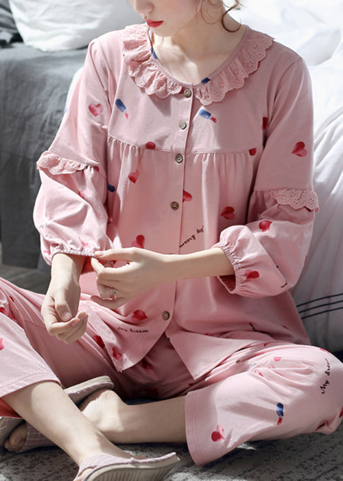 Pieces Fall Two Set Pajamas Lace Button Print Pink Art Cotton