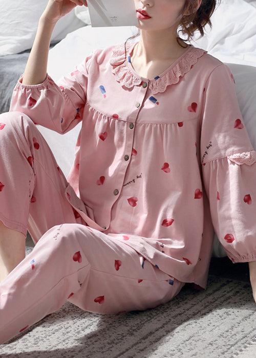 Pieces Fall Two Set Pajamas Lace Button Print Pink Art Cotton