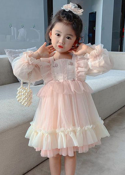 Art Pink Square Collar Embroideried Tulle Girls Long Dresses Long Sleeve XZ002