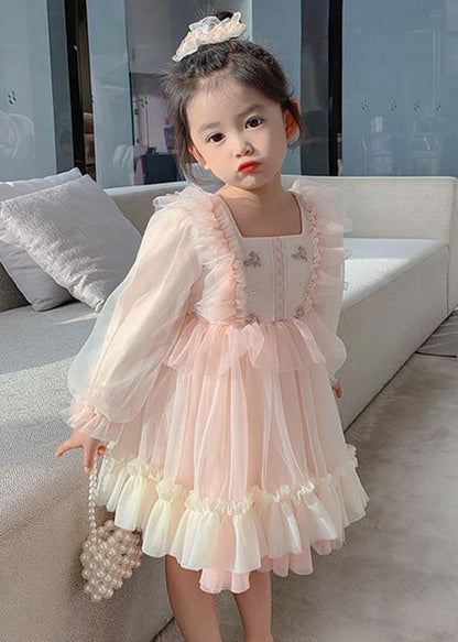 Art Pink Square Collar Embroideried Tulle Girls Long Dresses Long Sleeve XZ002