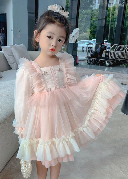 Art Pink Square Collar Embroideried Tulle Girls Long Dresses Long Sleeve XZ002